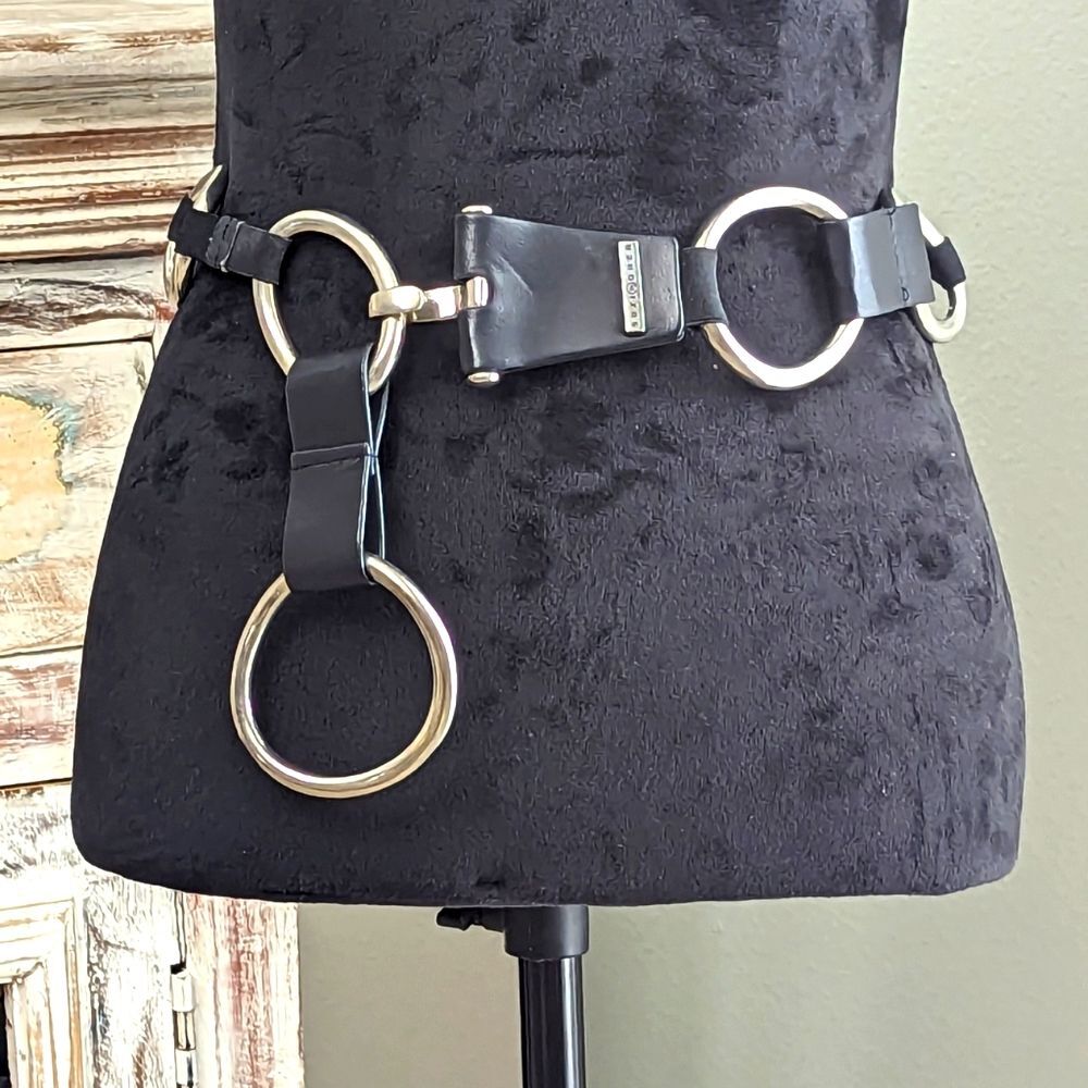 Suzi Roher Chunky Silver Tone and Black Leather Belt 35"- 40" Women